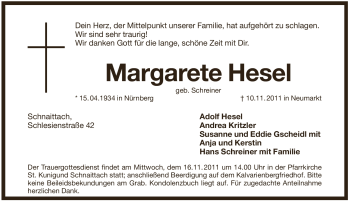 Traueranzeige von Margarete Hesel von Pegnitz-Zeitung